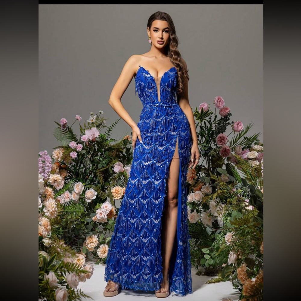 Blue prom dress sequin fringed